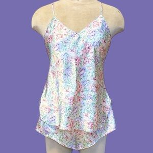 Kathryn Vintage Satin PJ Set Floral Pajamas Lingerie Loungewear Shorts M Medium